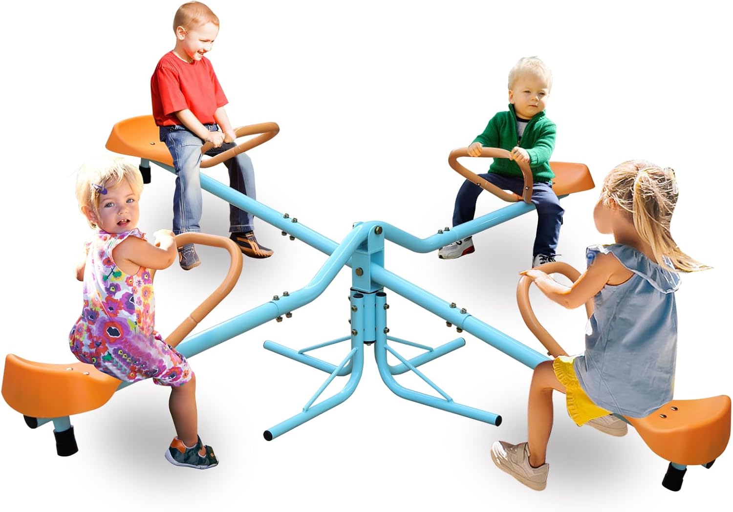 Children playing on a classic teeter totter at a sunny playground